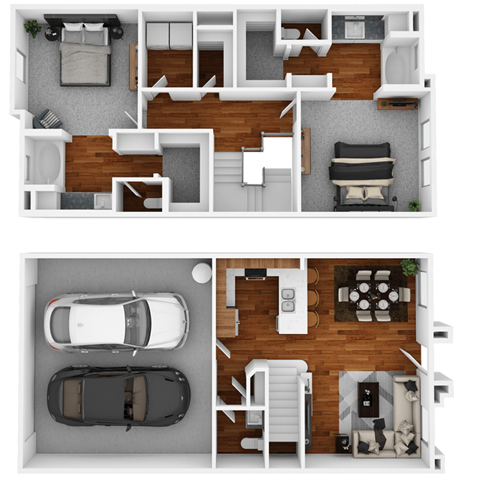 Floor plan for 2 beds, 2.5 baths, 1386 sqft